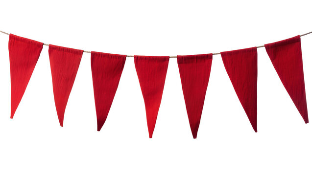 Isolated red fabric pennant flags strung on a rope, festive party decoration banner