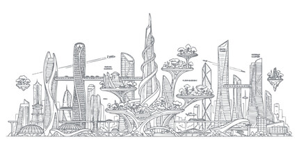 Obraz premium Futuristic Eco City Skyline Drawing with Sustainable Skyscrapers and Urban Gardens Line Art