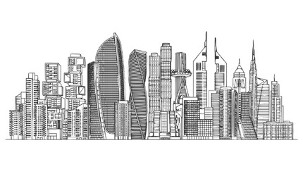 Obraz premium Modern Cityscape Skyline Sketch, Hand Drawn Urban Architecture Illustration isolated on White