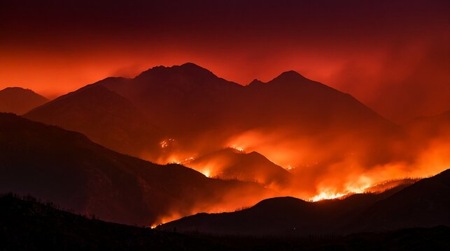 An intense view of a mountain range under a deep red sky, with firelight illuminating the smoke-filled air. The composition captures the chaos of nature's fury in a hauntingly beautiful way.