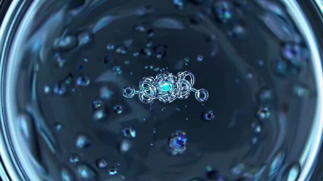 Closeup Molecule Assembly Floating Inside Liquid Matrix, Shimmering Metallic Rings Form Complex Nanostructure With Glowing Core, Suspended Droplets And Microbubbles, Slow Rotation Suggests