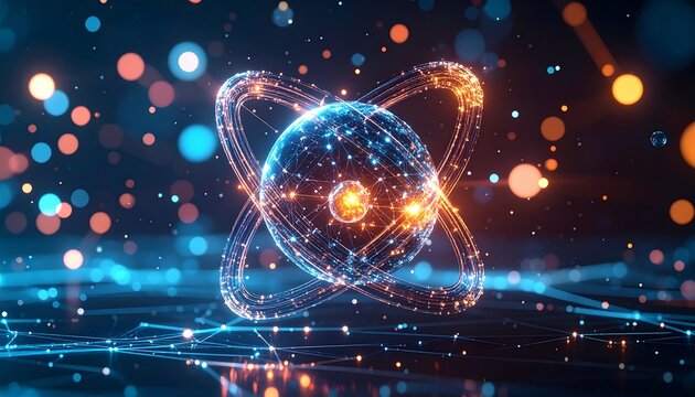 Abstract Atom Model with Glowing Particles and Orbits.