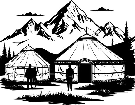 Traditional yurt dwelling silhouette illustration with nomadic people and scenic mountain landscape in black and white isolated on white background
