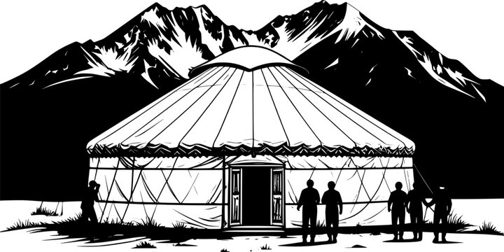 Traditional yurt dwelling silhouette illustration with nomadic people and scenic mountain landscape in black and white isolated on white background
