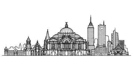 Obraz premium Mexico City Skyline Panorama Hand Drawn Sketch Illustration with Palacio de Bellas Artes