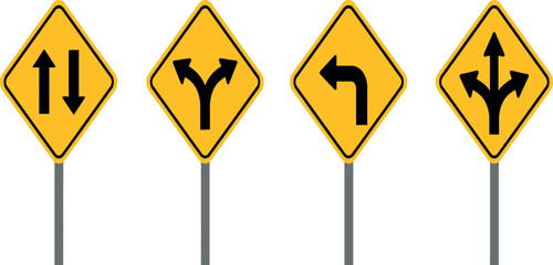 Vector Set of Yellow Diamond Traffic Signs with Arrows Showing Two-Way Traffic, Left Turn, Split Road, and Multiple Directions for Highway Safety, Road Navigation, and Wayfinding. © Sadek