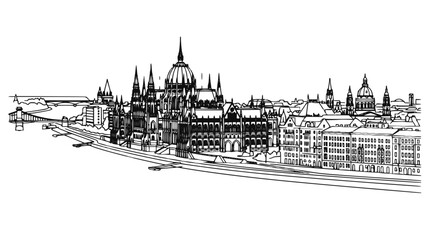 Obraz premium Budapest Cityscape Hand Drawn Sketch with Parliament Building and Danube River Waterfront