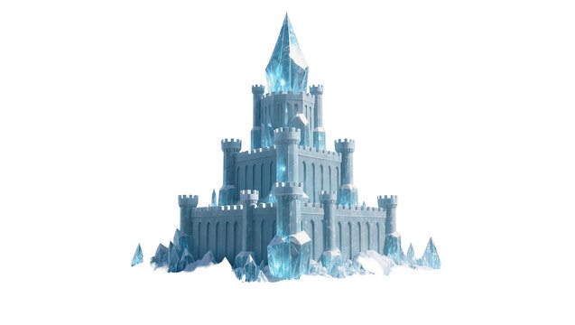 Isolated magnificent fantasy ice castle with towering glowing blue crystal and frozen architecture