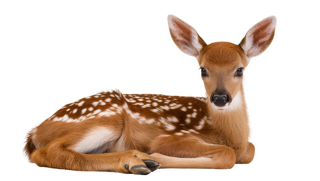 Isolated adorable baby white-tailed deer fawn with spots lying down patiently on the ground