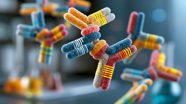 A vivid illustration of DNA-barcoded antibodies interacting in a lab setting, with colorful barcodes visible and lab equipment in the background.