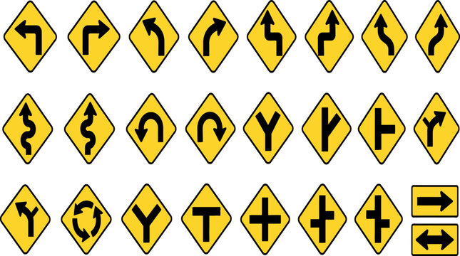 Collection of Yellow Road Warning Signs Vector Illustration Featuring Sharp Turns, Winding Roads, Intersections, Roundabouts, and Directional Arrows for Traffic Safety Design Projects.