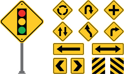 Vector Set of Yellow Traffic Warning Signs and Road Signal Icons Featuring Traffic Lights, Roundabout, U-turn, Crossroad, and Directional Arrows for Infrastructure and Safety Design. © Sadek