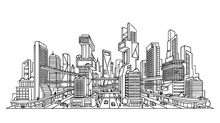 Fototapeta premium Futuristic Cityscape Line Art Illustration with Modern Architecture and Urban Infrastructure