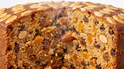 Fototapeta premium Traditional Scottish Dundee cake cross section filled with raisins and topped with blanched almonds