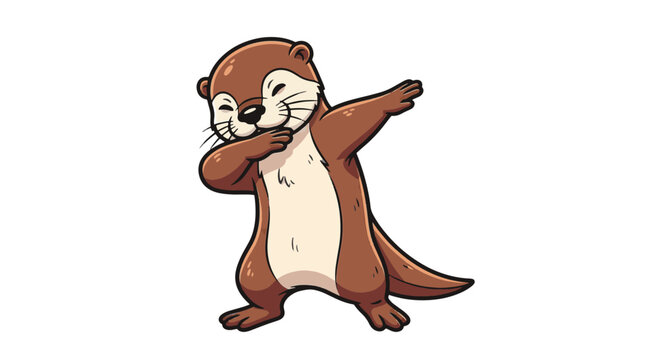 Vector illustration of a cute brown and white otter performing the popular dab dance move. Isolated cartoon aquatic mammal character on white background with thick black outlines.