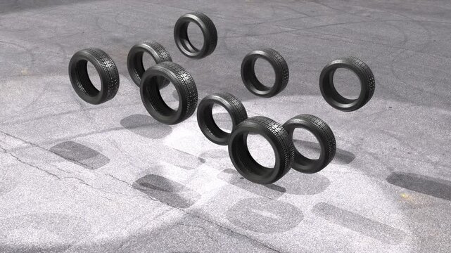 3D animation of six new tires without rims featuring photorealistic tread patterns, continuously bouncing with realistic physics on a highly detailed asphalt surface with realistic tire marks.
