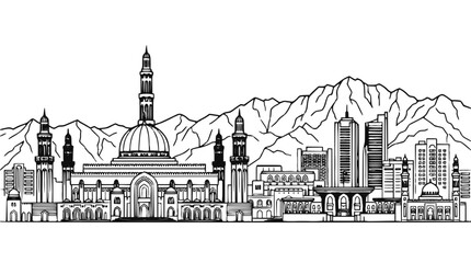 Naklejka premium Muscat City Skyline Sketch with Grand Mosque and Hajar Mountains Landscape