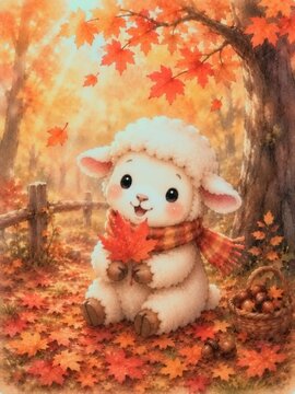 大きな紅葉を抱える羊｜秋の可愛い絵本風イラスト