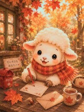 秋の手紙を書く羊｜紅葉とぬくもりの絵本風イラスト