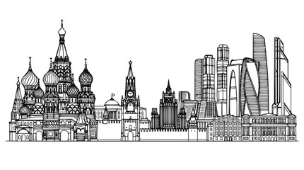 Obraz premium Moscow Cityscape Skyline Line Art Illustration with Historic Landmarks and Modern Skyscrapers