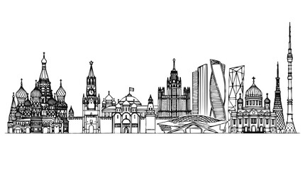 Fototapeta premium Moscow Skyline Panorama Hand Drawn Line Art Illustration of Famous Russian Landmarks