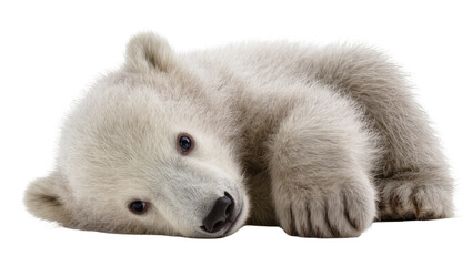 Isolated polar bear cub lying down peacefully, adorable fluffy baby animal looking cute © Ciara