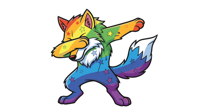 Vector illustration of a stylized cartoon wolf performing a dabbing dance pose, featuring multi-colored rainbow fur decorated with star patterns, isolated on a white background.