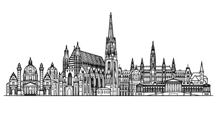 Fototapeta premium Vienna Skyline Line Art Sketch - Historic Austrian Landmarks and Architecture Illustration