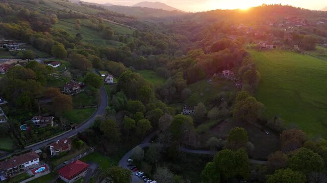 Cangas de Onis Valley Asturias Spain Aerial Photography Golden Hour Rural Village Landscape