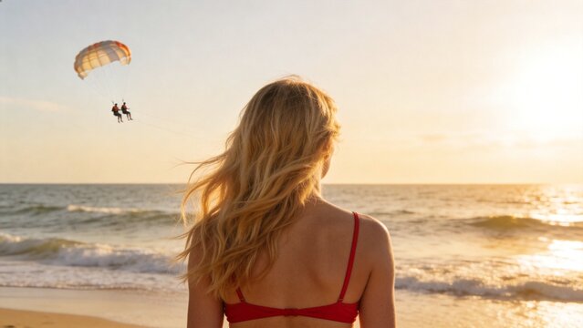 Woman watching parasailing at sunset