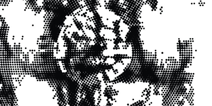Glitch distorted geometric shape . Noise destroyed logo . Trendy defect error shapes . Glitched frame .Grunge textured . Distressed effect .Vector shapes with a halftone dots screen print texture.