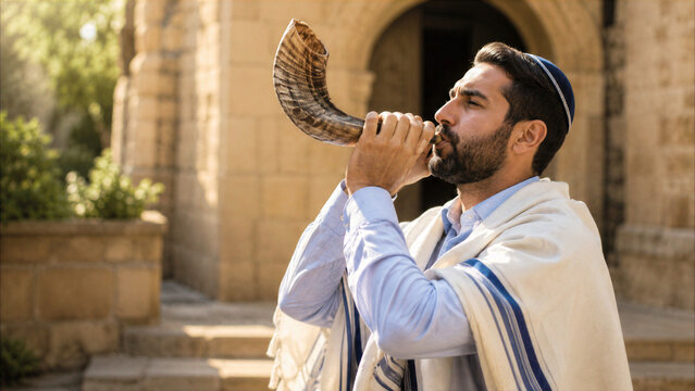 Jewish man blowing shofar ram's horn for Rosh Hashanah celebration outdoors, wearing tallit and kippah