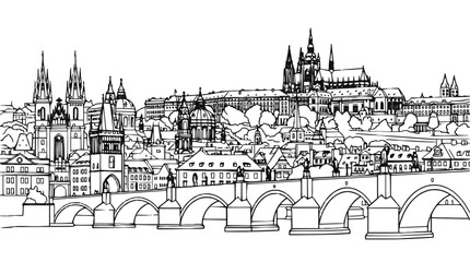 Fototapeta premium Prague Cityscape Hand Drawn Illustration with Charles Bridge and Castle Skyline Sketch