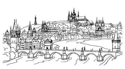 Fototapeta premium Prague Cityscape Hand Drawn Line Art Illustration with Charles Bridge and Castle Skyline