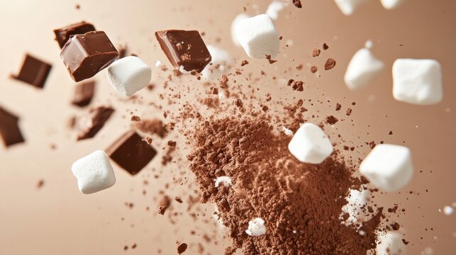 hot chocolate floating in the air; cocoa powder and marshmallows generative ai
