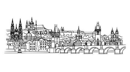 Fototapeta premium Prague Skyline Panorama Hand Drawn Sketch with Charles Bridge and St Vitus Cathedral