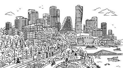 Obraz premium Modern City Skyline Hand Drawn Line Art Illustration with Skyscrapers Tram and Waterfront