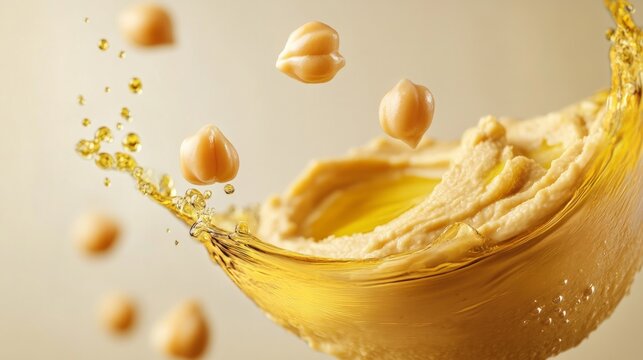hummus floating in the air, chickpeas, and splashes of olive oil generative ai