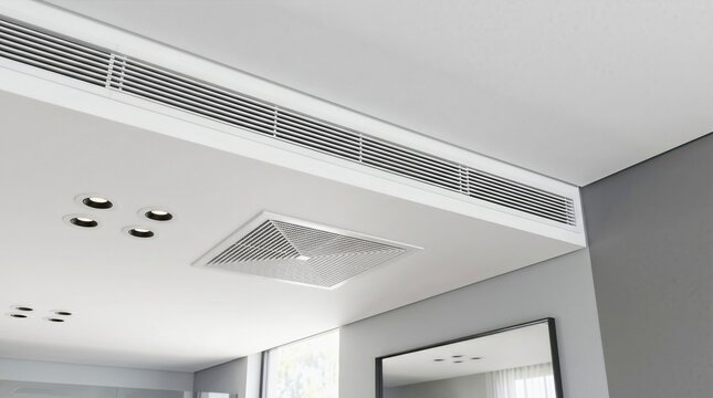 Modern minimalist interior ceiling with ducted air conditioning vent and recessed lighting