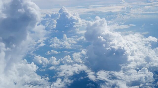 4K Motion landscape sky Aerial view summer tropical blue sky fluffy white cloud summertime sunny day cloudscape. Cumulus blue skyline spring sunlight climate background. Heaven environment