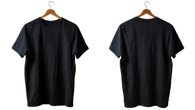 Isolated two black blank casual t-shirts on wooden hangers, displaying front and back.