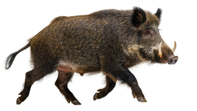 Isolated wild boar, a large mammal with coarse brown fur and prominent tusks, walking.