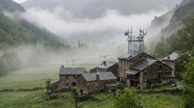 Misty stone hamlet supported by a mountaintop telecom relay, rooftop antennas and solar panels, portraying dependable broadband access across a secluded alpine valley under low clouds at dawn