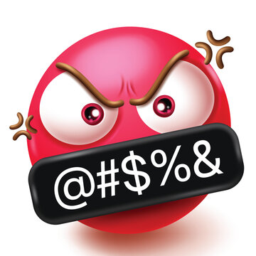 Angry face emoticon clipart 3D character. Emoji with censor bar, rage, swearing, frustration,  and annoyed facial expression. Vector illustration. 
