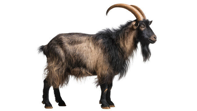 Isolated shaggy male goat with impressive curved horns and a beard standing in profile