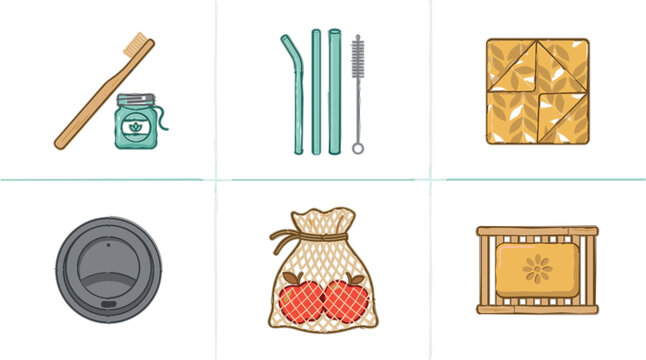 Eco friendly zero waste lifestyle vector icon set with sustainable bamboo toothbrush reusable glass straws mesh produce bag and organic soap on white background