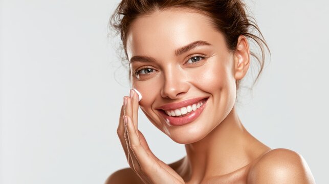 Beautiful woman smile use cream for good skin. face of a healthy woman apply cream and makeup. Advertisement for skin cream, anti-wrinkle, baby face, whitening, moisturizer, tighten pores