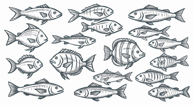 Set of hand-drawn fish illustrations in vintage sketch style, featuring diverse marine species like sea bass, bream, and mackerel, isolated on a clean white background.