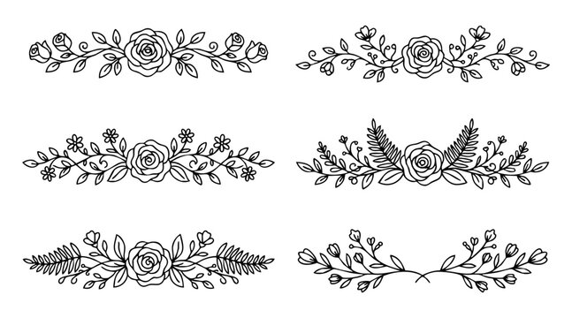 Elegant black and white vector illustration set featuring six different hand drawn floral rose dividers for sophisticated wedding card designs