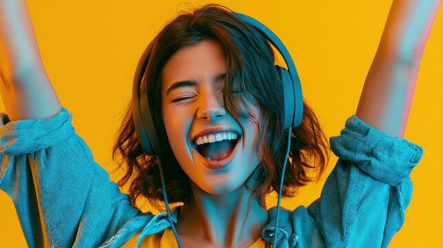 Joyful young women in wireless headphones and enjoy music, having fun, listening to music, raising his arm, dancing to favorite song, enjoying cool soundtrack, happy life, Gen AI